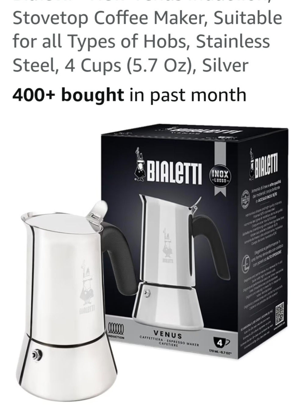 New Bialetti Venus Stainless Steel Stovetop Espresso Maker - Silver 4 Cup